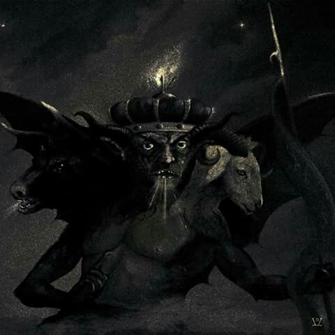 Asmodeus three heads bull man ram crown spear demon