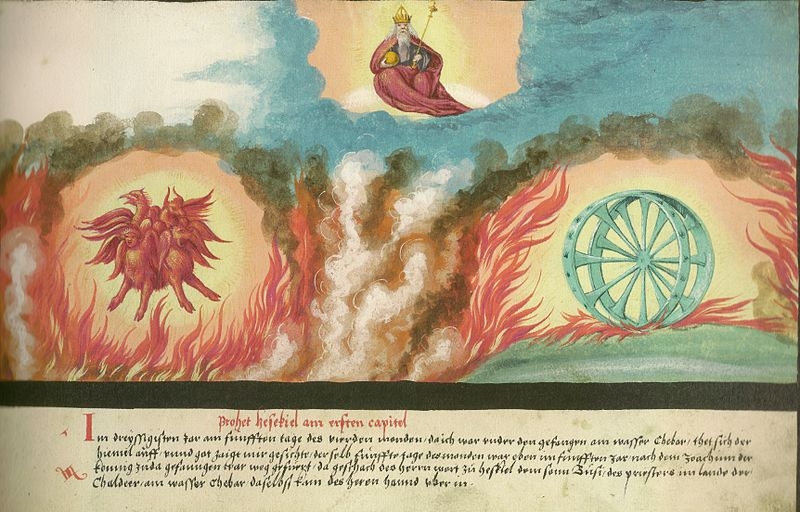 Ezekiel vision tetramorph wheel fire German illuminated Bible
