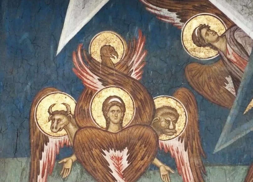 Tetramorph Byzantine fresco four living creatures human lion ox eagle