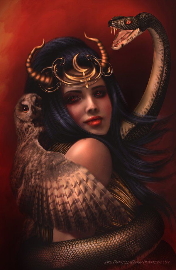 Lilith owl serpent horned crown lunar crescent demonic feminine